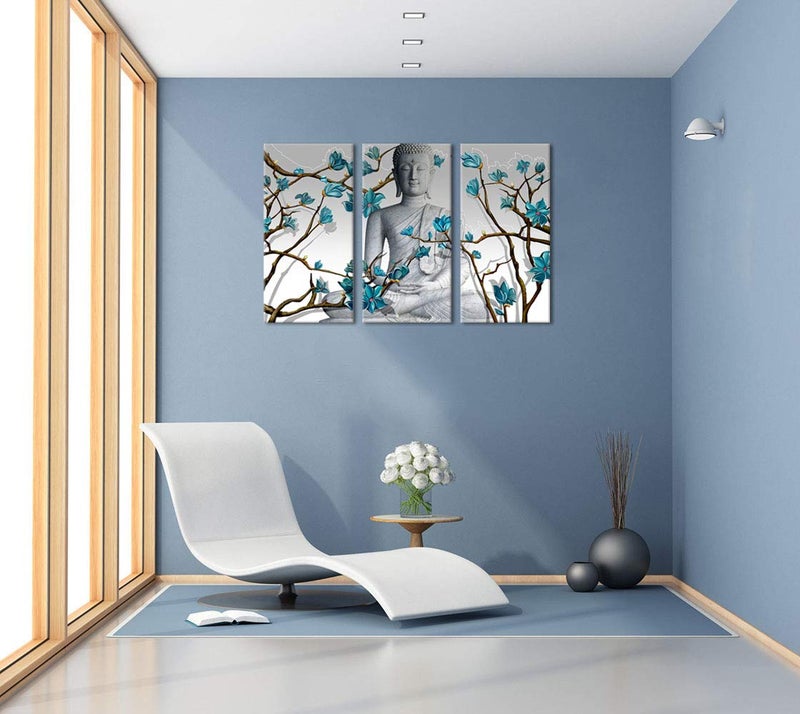 Visual Art Decor 3 Pieces Buddha Wall Art Buddha Statue with Abstract Blue Flowers Painting Canvas Prints for Living Room Bedroom Office Large Picture Decoration - Image 3